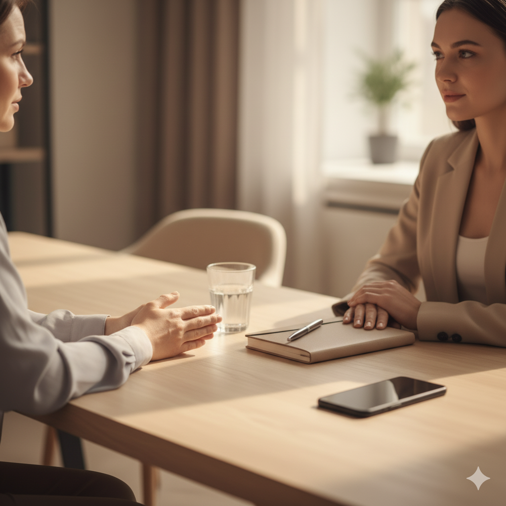 Beruhigende Gesprächsszene in neutralem Beratungsraum – diskret und respektvoll